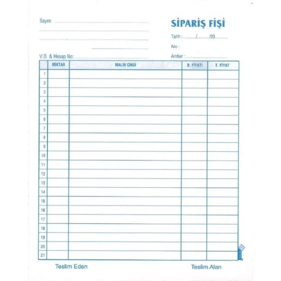 Sipariş Fişi 2/50 3 Nüsha